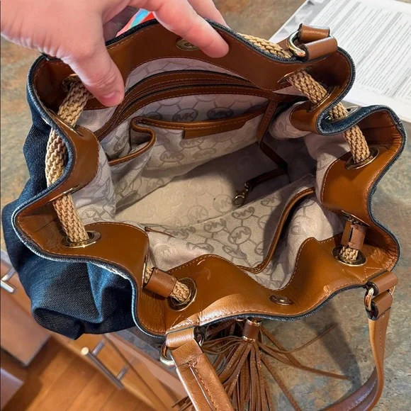 Michael Kors Denim and Tan Shoulder Bucket Bag EUC